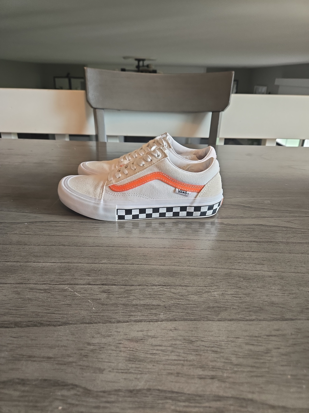 Vans Old Skool Low Top Sneakers - White with Orange Stripe & Checkerboard Sole